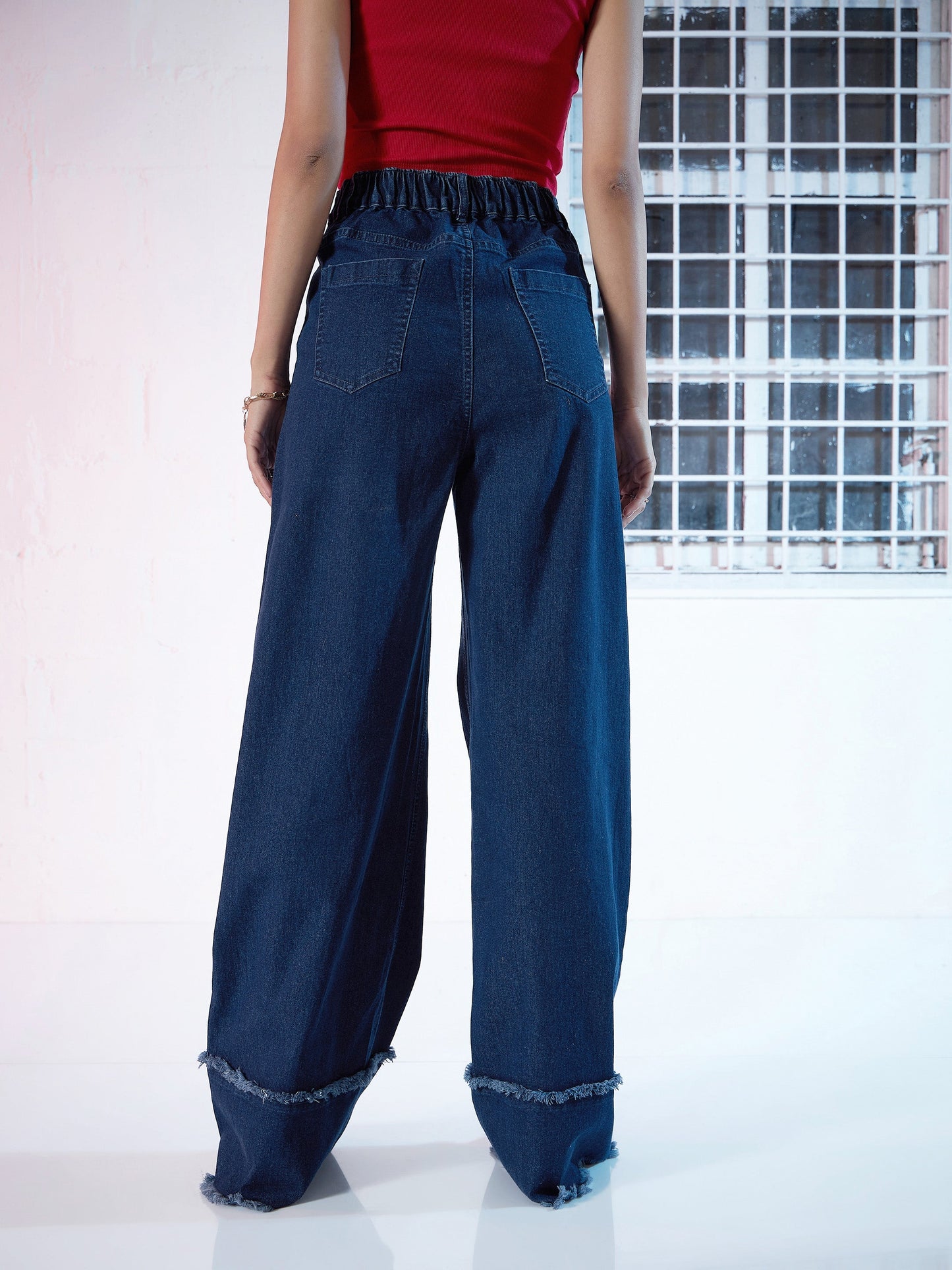 Women Blue Denim Raw Hem Straight Fit Jeans