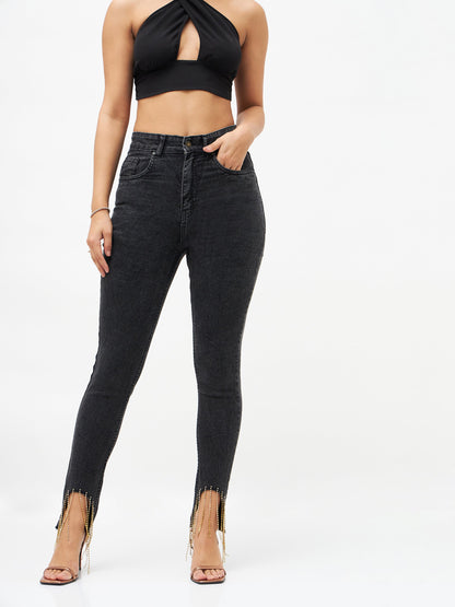 Women Black Denim Diamante Hem Relax Jeans