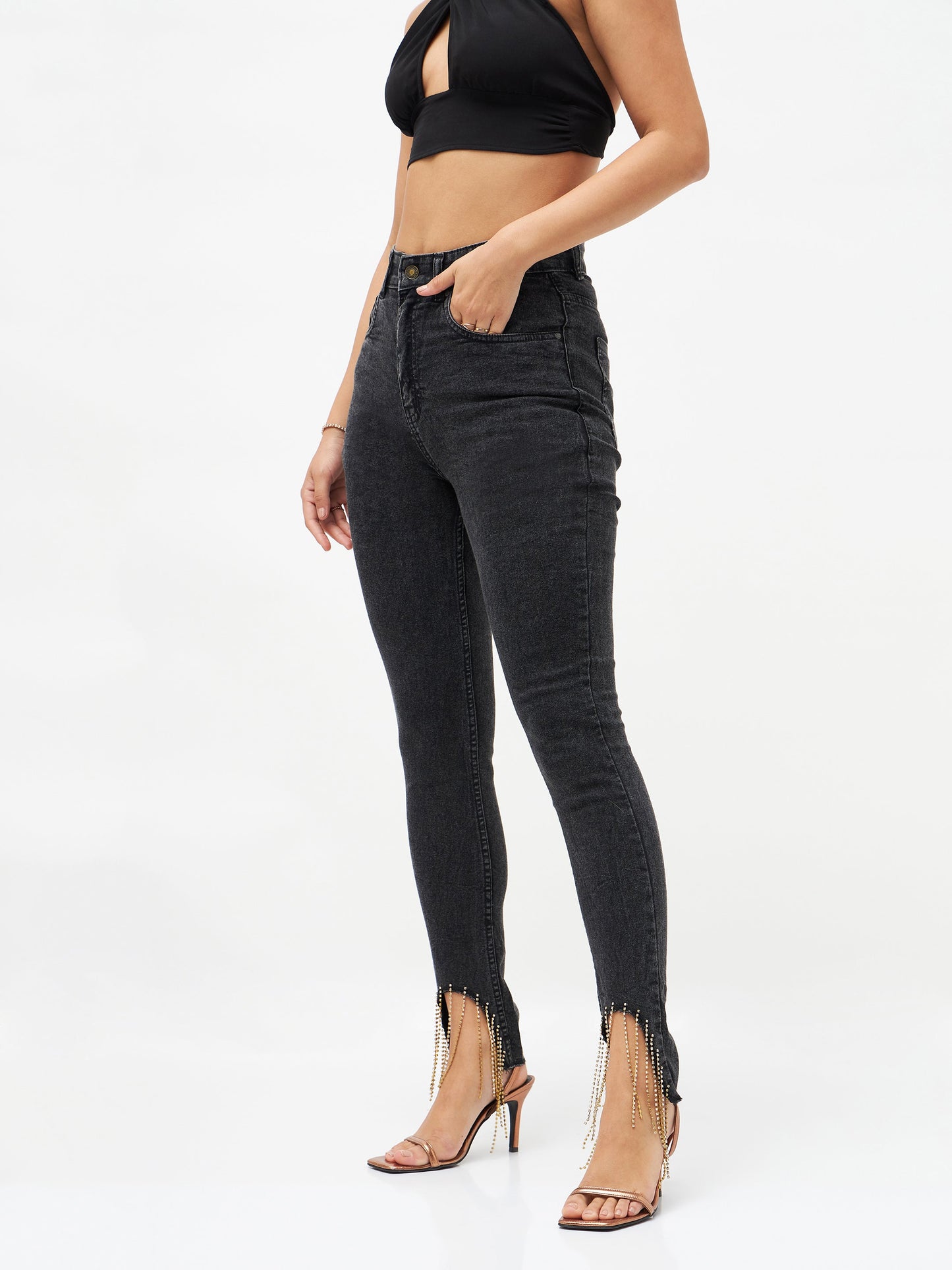 Women Black Denim Diamante Hem Relax Jeans