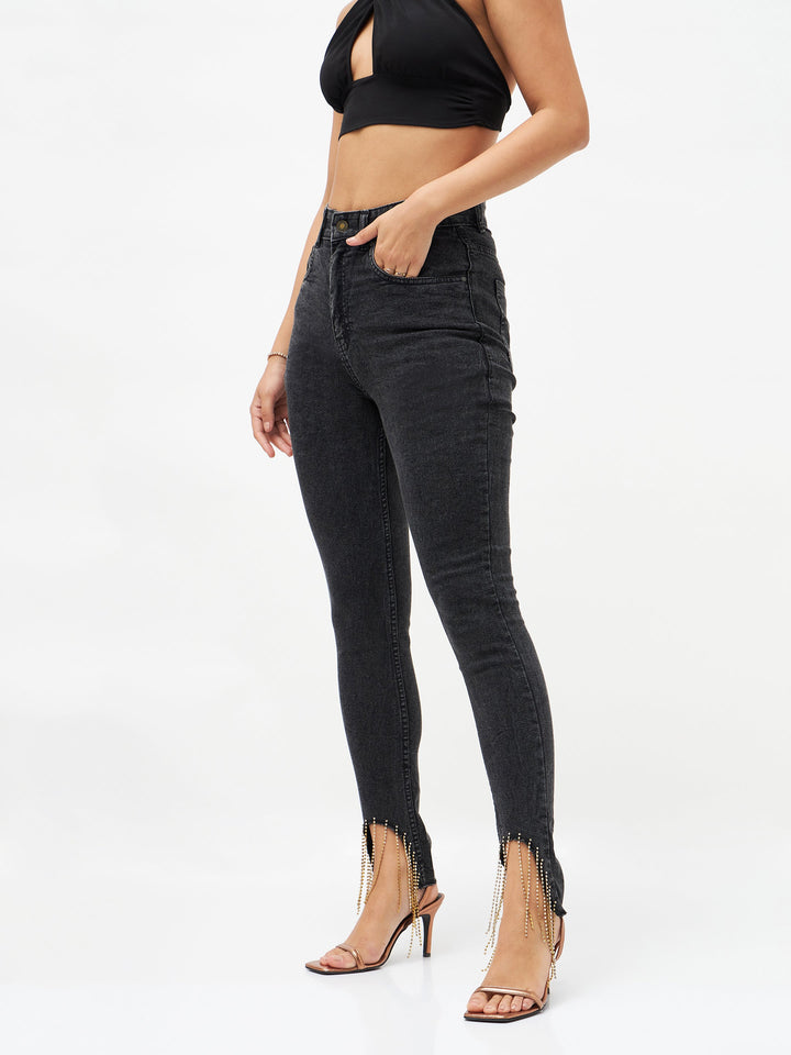 Women Black Denim Diamante Hem Relax Jeans