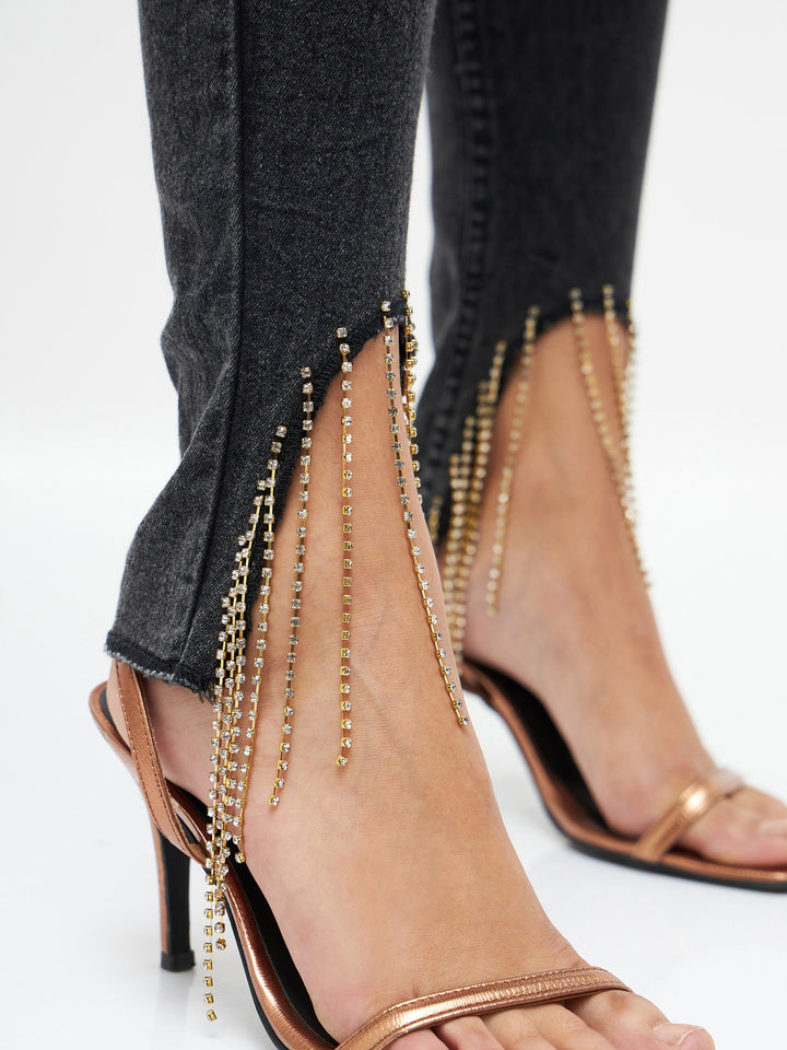 Women Black Denim Diamante Hem Relax Jeans