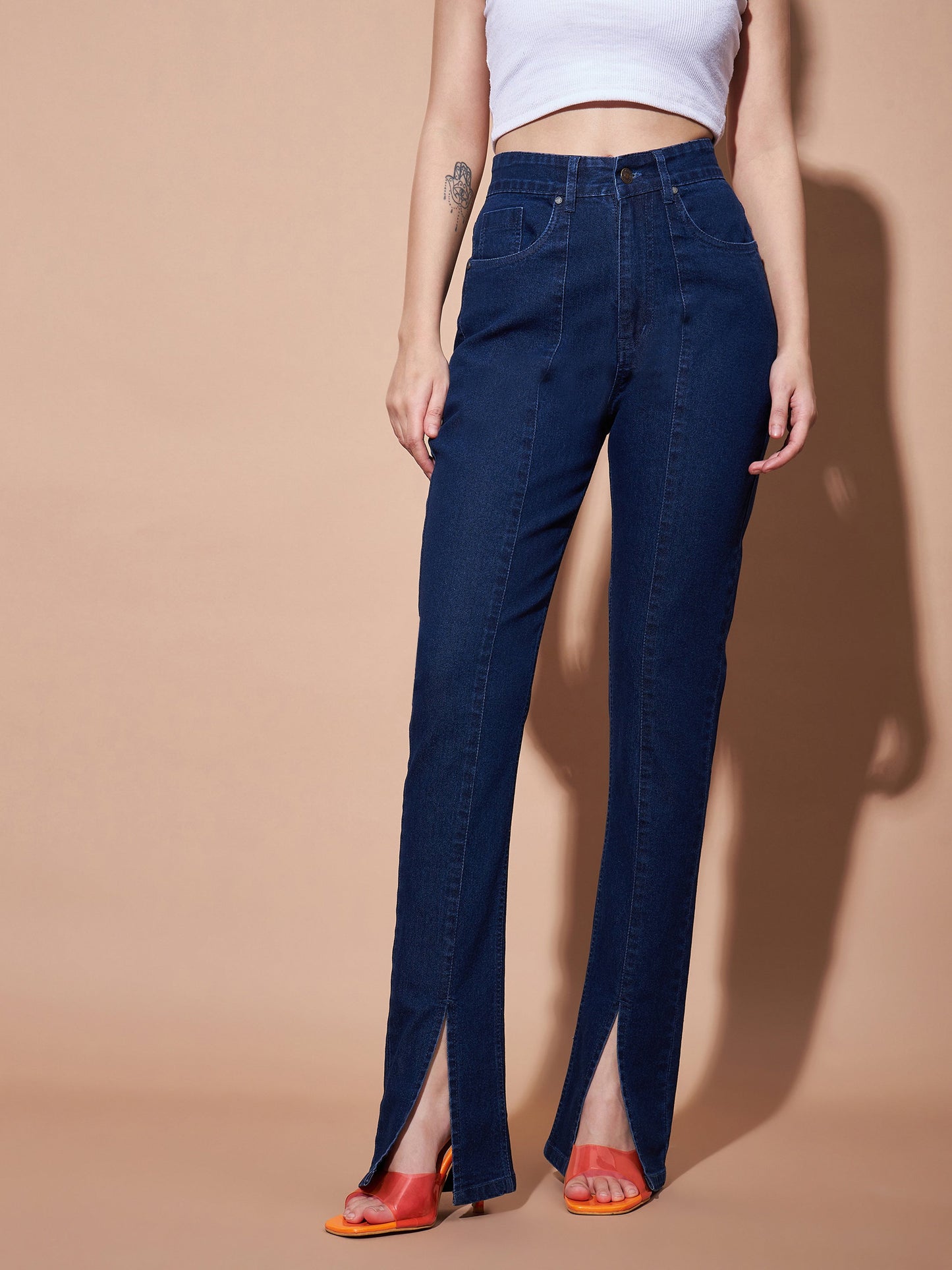 Navy Mid Rise Skinny Fit Slit Jeans
