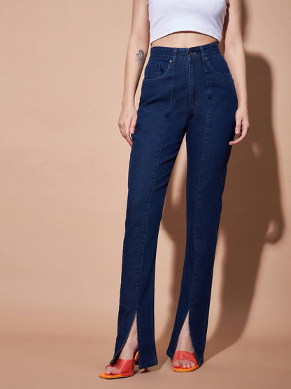 Navy Mid Rise Skinny Fit Slit Jeans