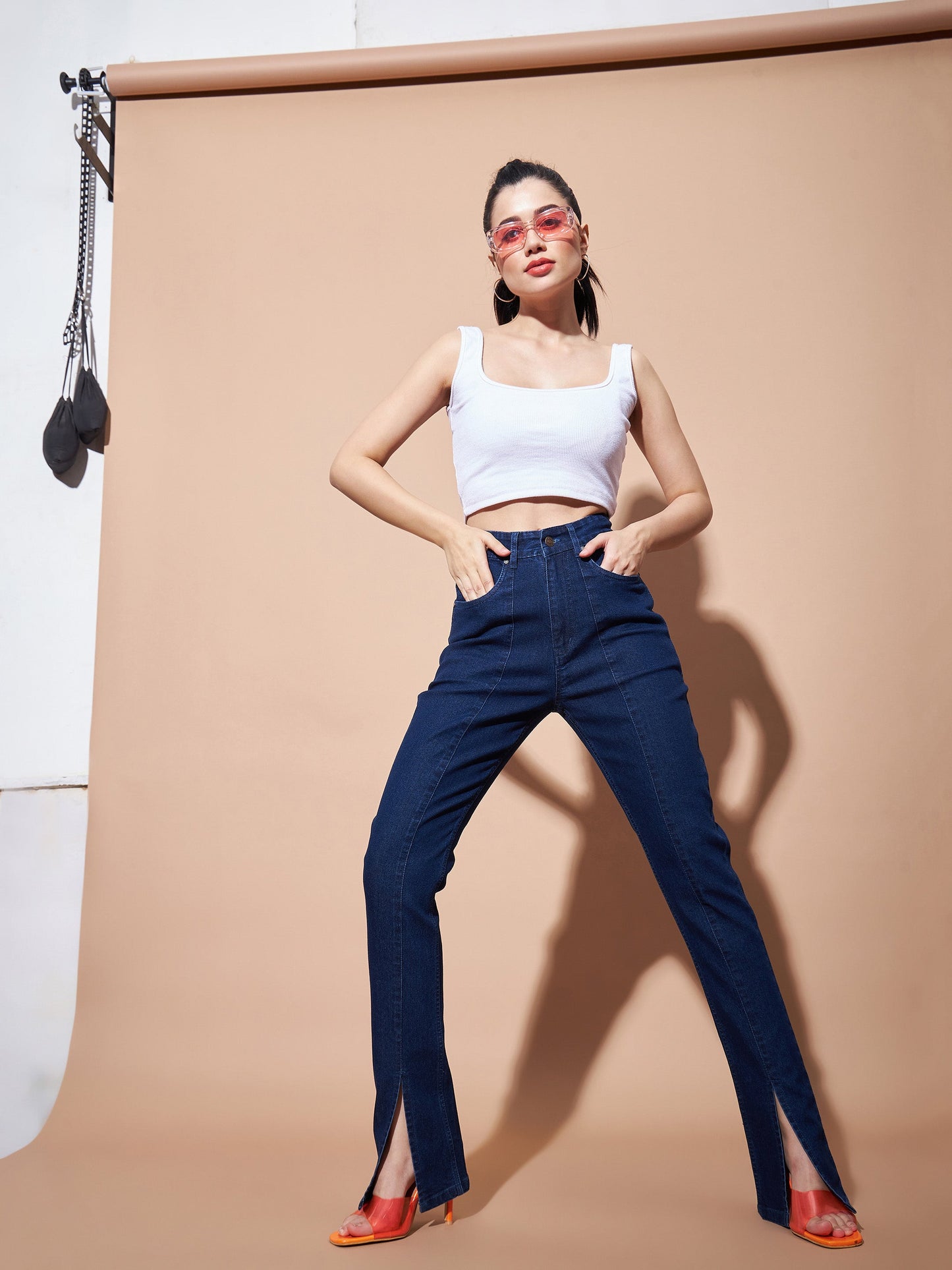 Navy Mid Rise Skinny Fit Slit Jeans