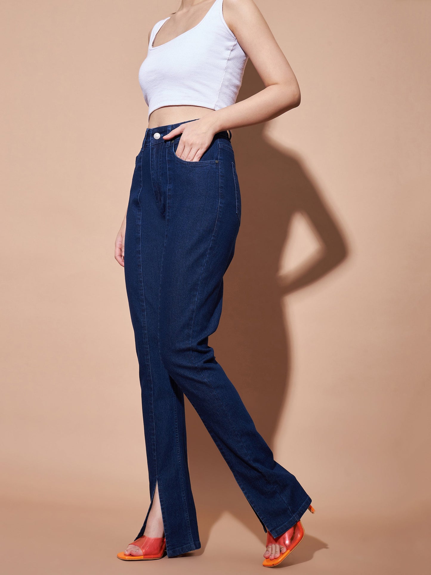 Navy Mid Rise Skinny Fit Slit Jeans