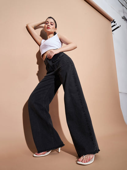 Women Black High Waist Flap Pocket Straight Jeans