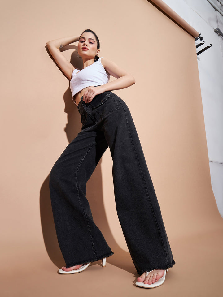 Women Black High Waist Flap Pocket Straight Jeans