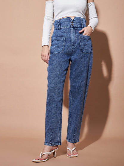Women Blue High Paper Bag Waist Baggy Jeans