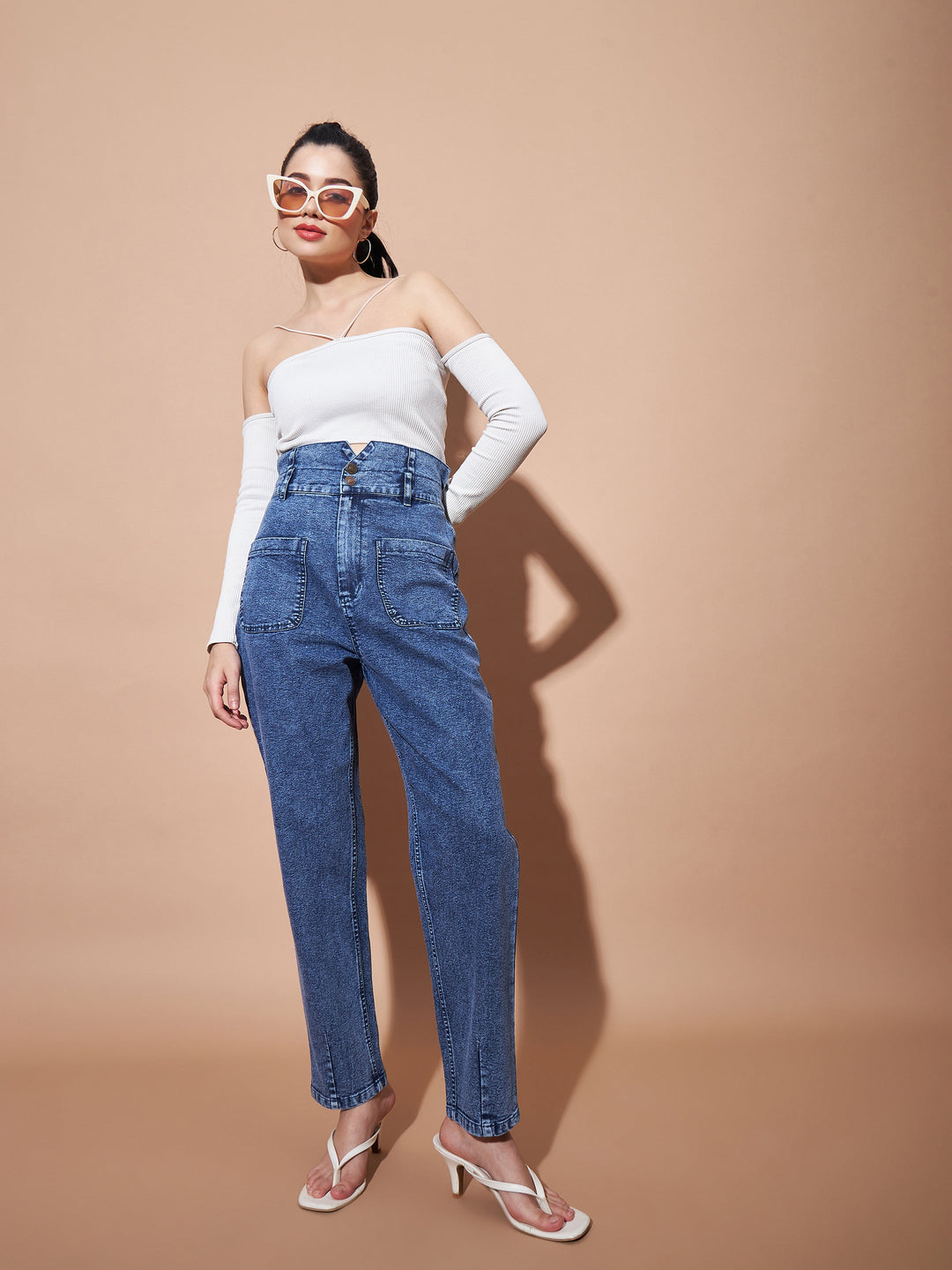 Women Blue High Paper Bag Waist Baggy Jeans