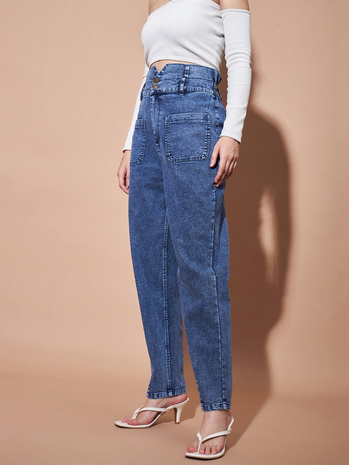 Women Blue High Paper Bag Waist Baggy Jeans