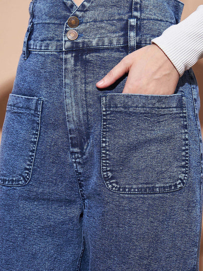 Women Blue High Paper Bag Waist Baggy Jeans