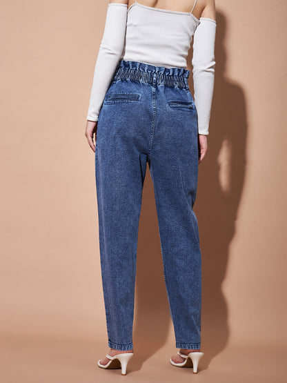 Women Blue High Paper Bag Waist Baggy Jeans
