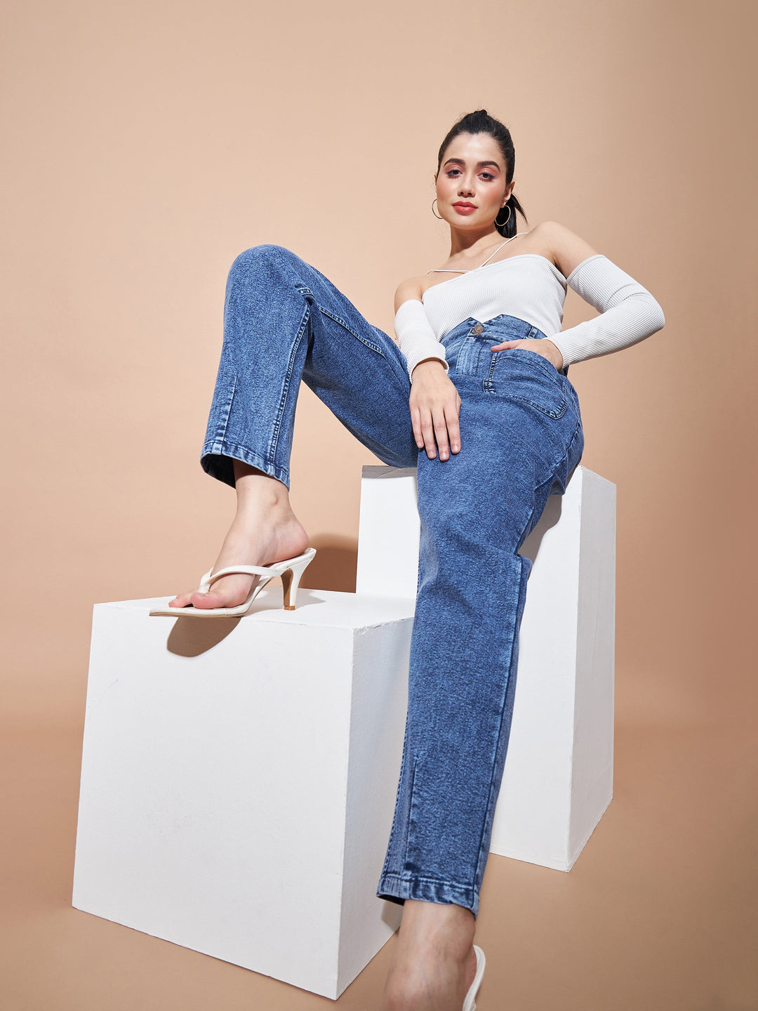 Women Blue High Paper Bag Waist Baggy Jeans