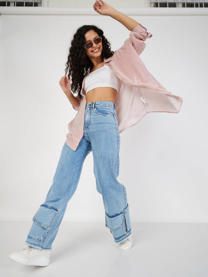 Women Ice Bue Hem Pockets Straight Jeans