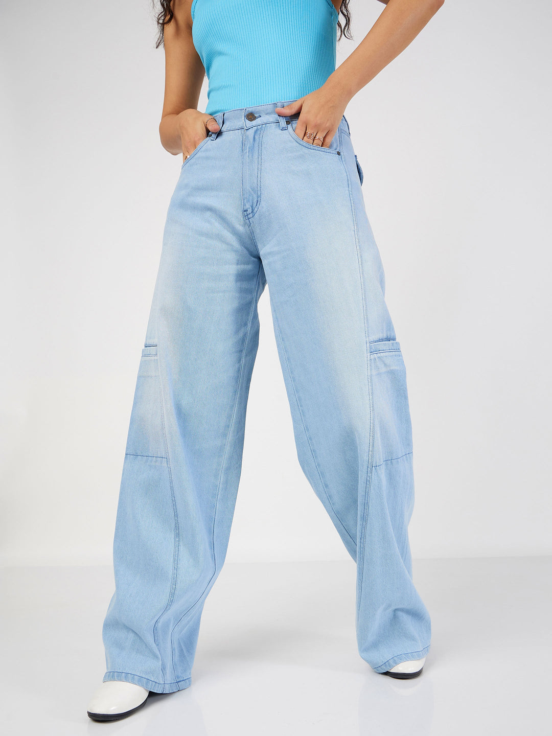 Women's Women Ice Blue Wide Leg Jeans in Cotton by Sassafras for wholesale, bulk, supplier, manufacturer and wholesaler buyers from Trendphoria