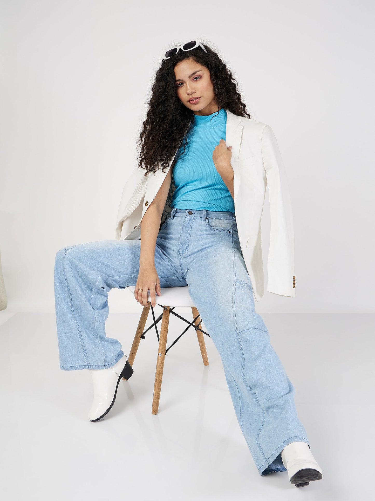 Women Ice Blue Wide Leg Jeans