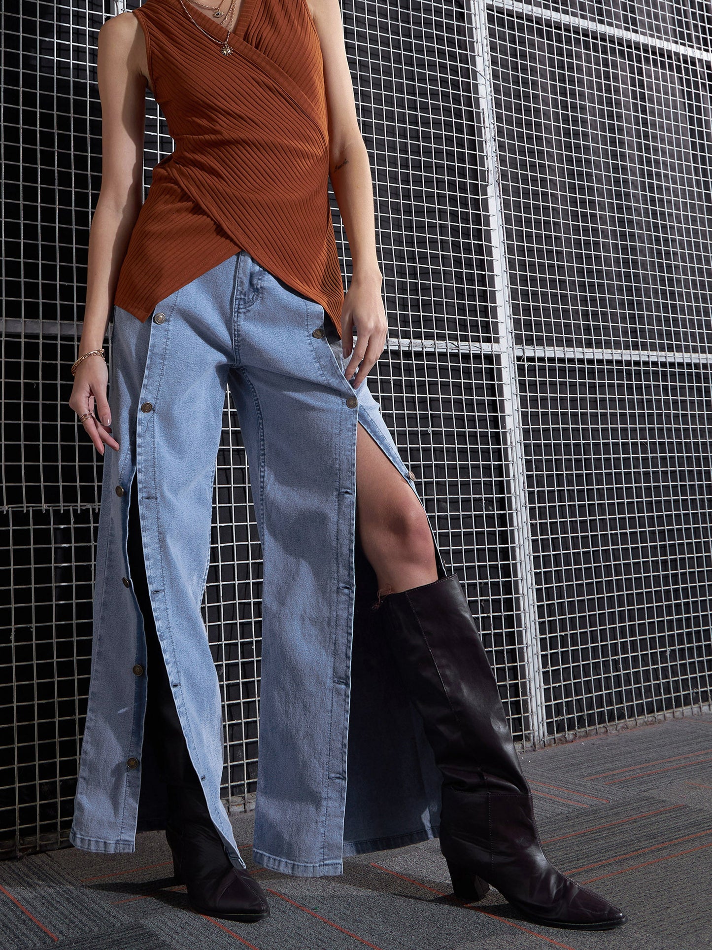 Blue Front Button Straight Jeans