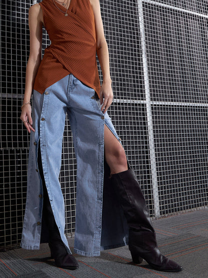 Blue Front Button Straight Jeans