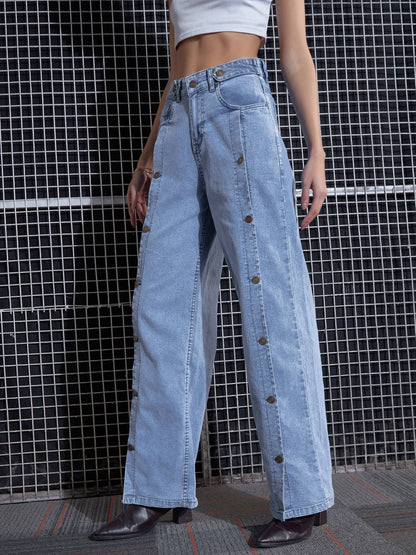 Blue Front Button Straight Jeans