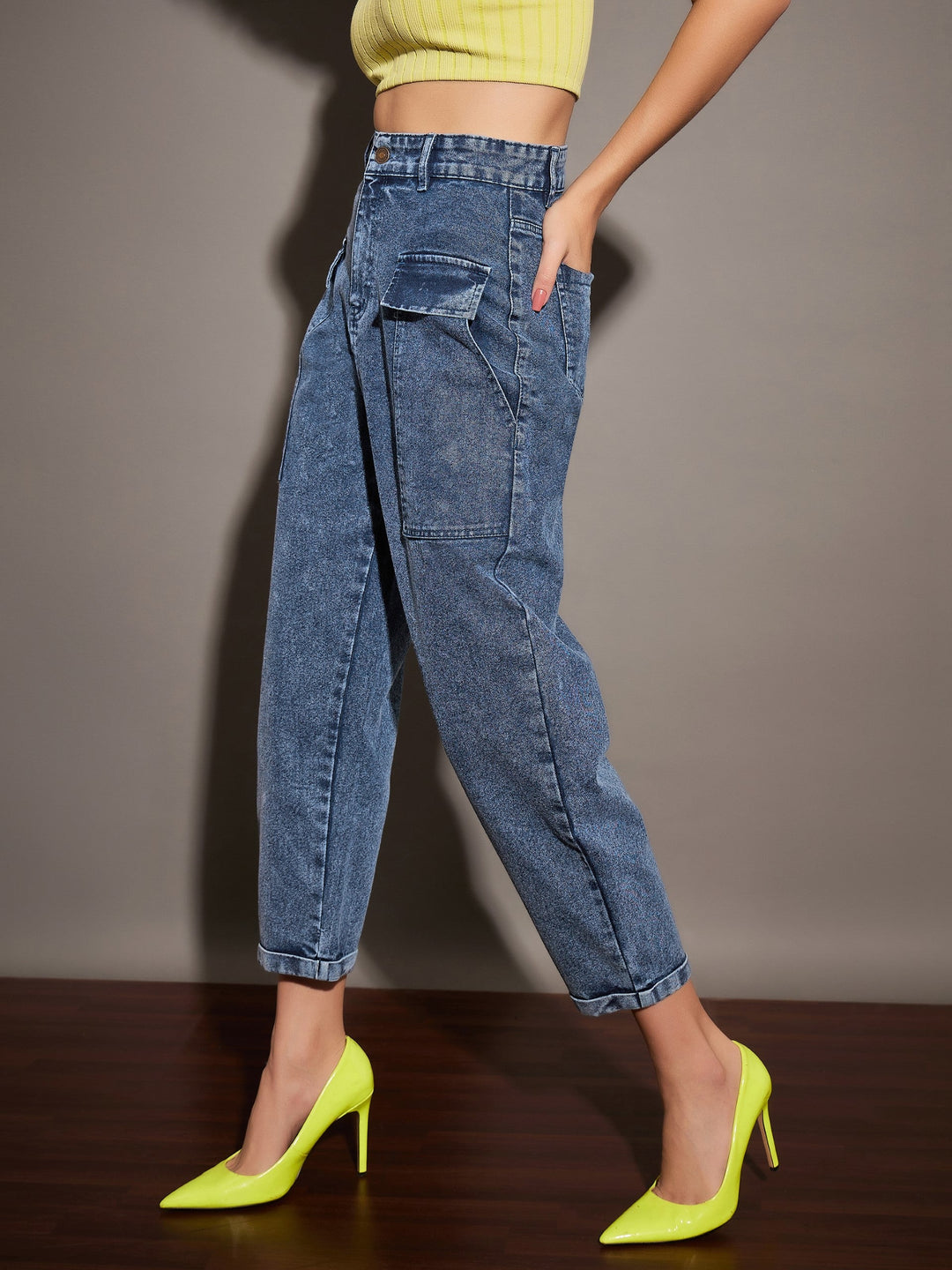 Women Navy Washed Balloon Fit Jeans