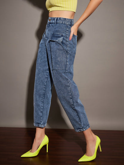 Women Navy Washed Balloon Fit Jeans