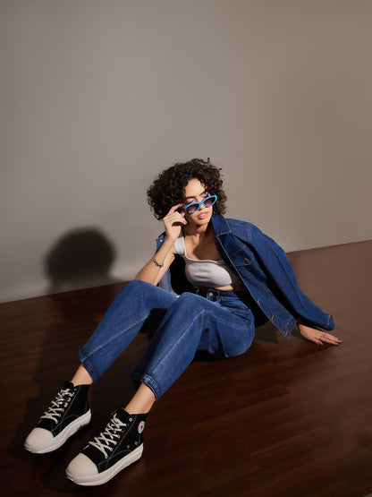 Women Classic Blue Knee Slit Straight Jeans