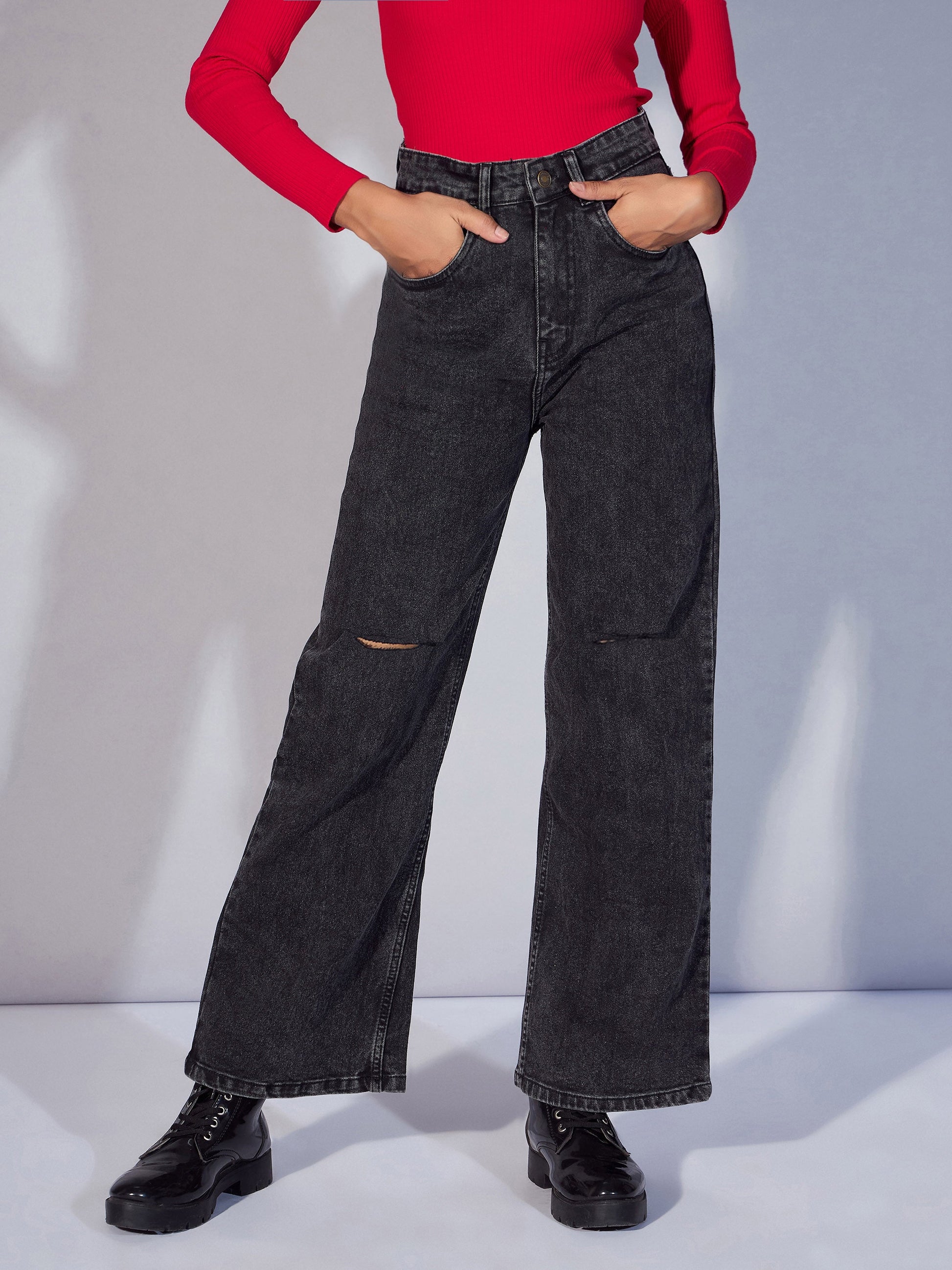 Women's Women Black Washed Knee Slit Straight Jeans in Cotton by Sassafras for wholesale, bulk, supplier, manufacturer and wholesaler buyers from Trendphoria