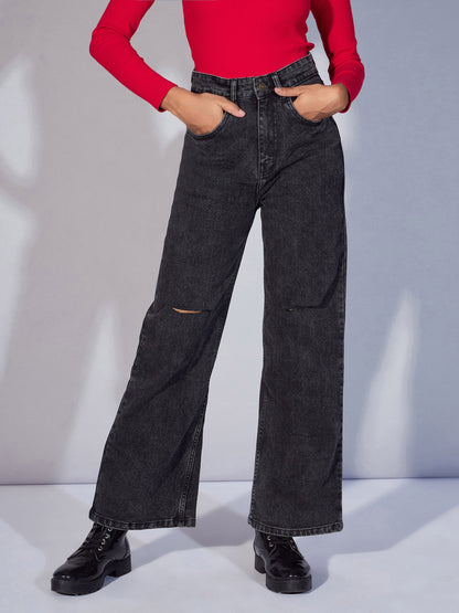 Women's Women Black Washed Knee Slit Straight Jeans in Cotton by Sassafras for wholesale, bulk, supplier, manufacturer and wholesaler buyers from Trendphoria