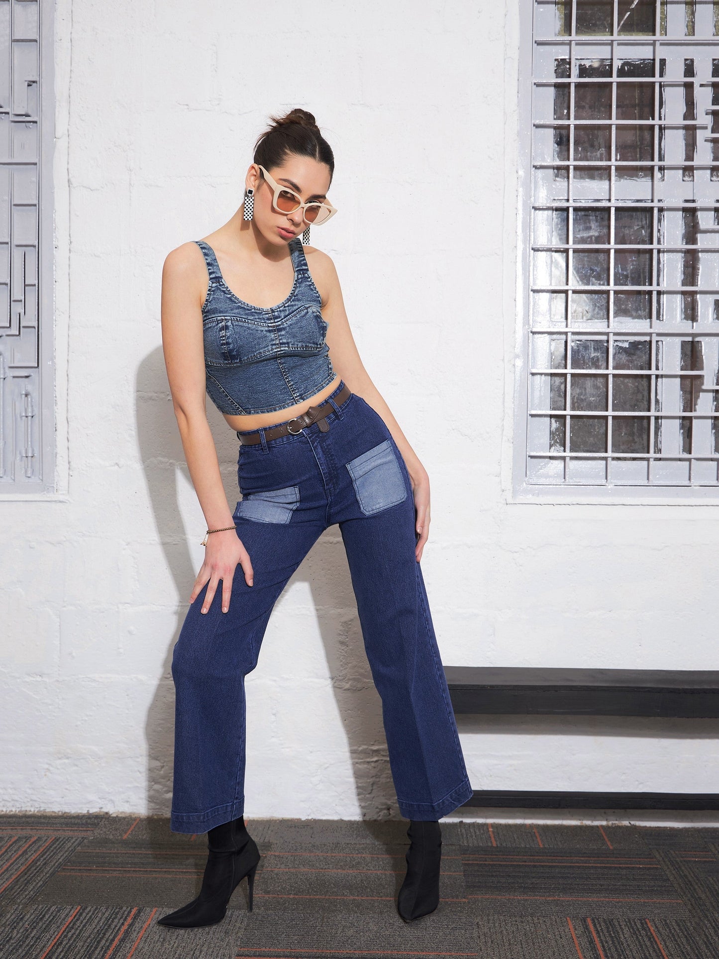 Blue Washed Contrast Patch Pocket Straight Jeans
