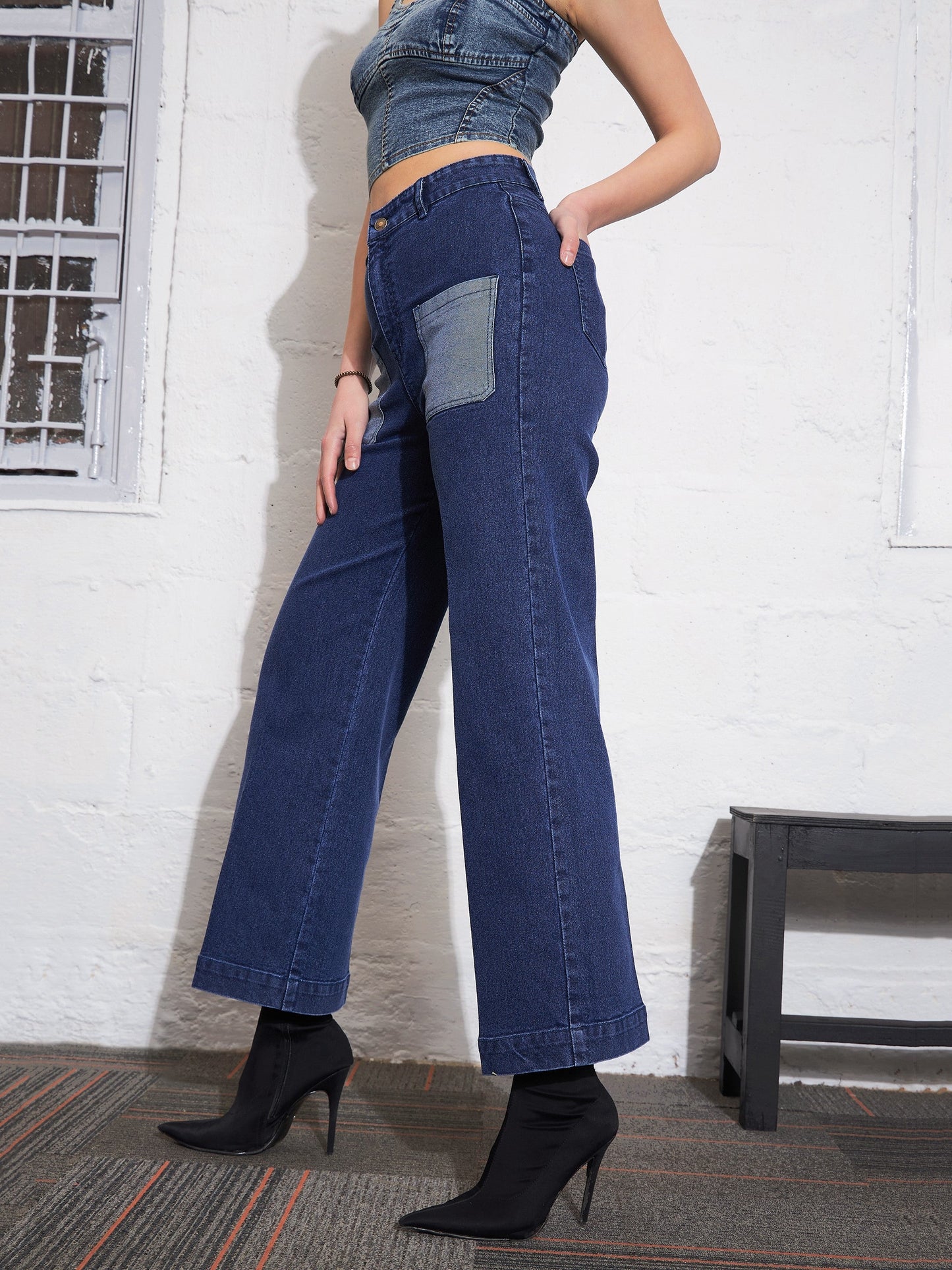 Blue Washed Contrast Patch Pocket Straight Jeans