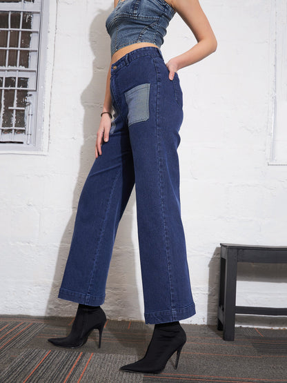 Blue Washed Contrast Patch Pocket Straight Jeans