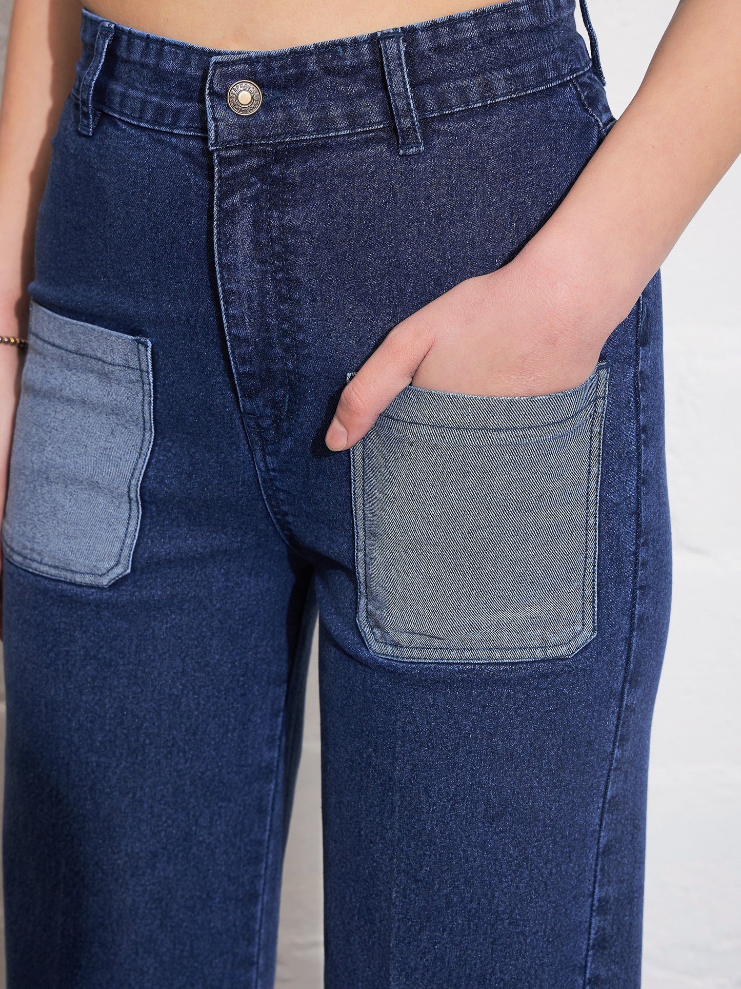 Blue Washed Contrast Patch Pocket Straight Jeans