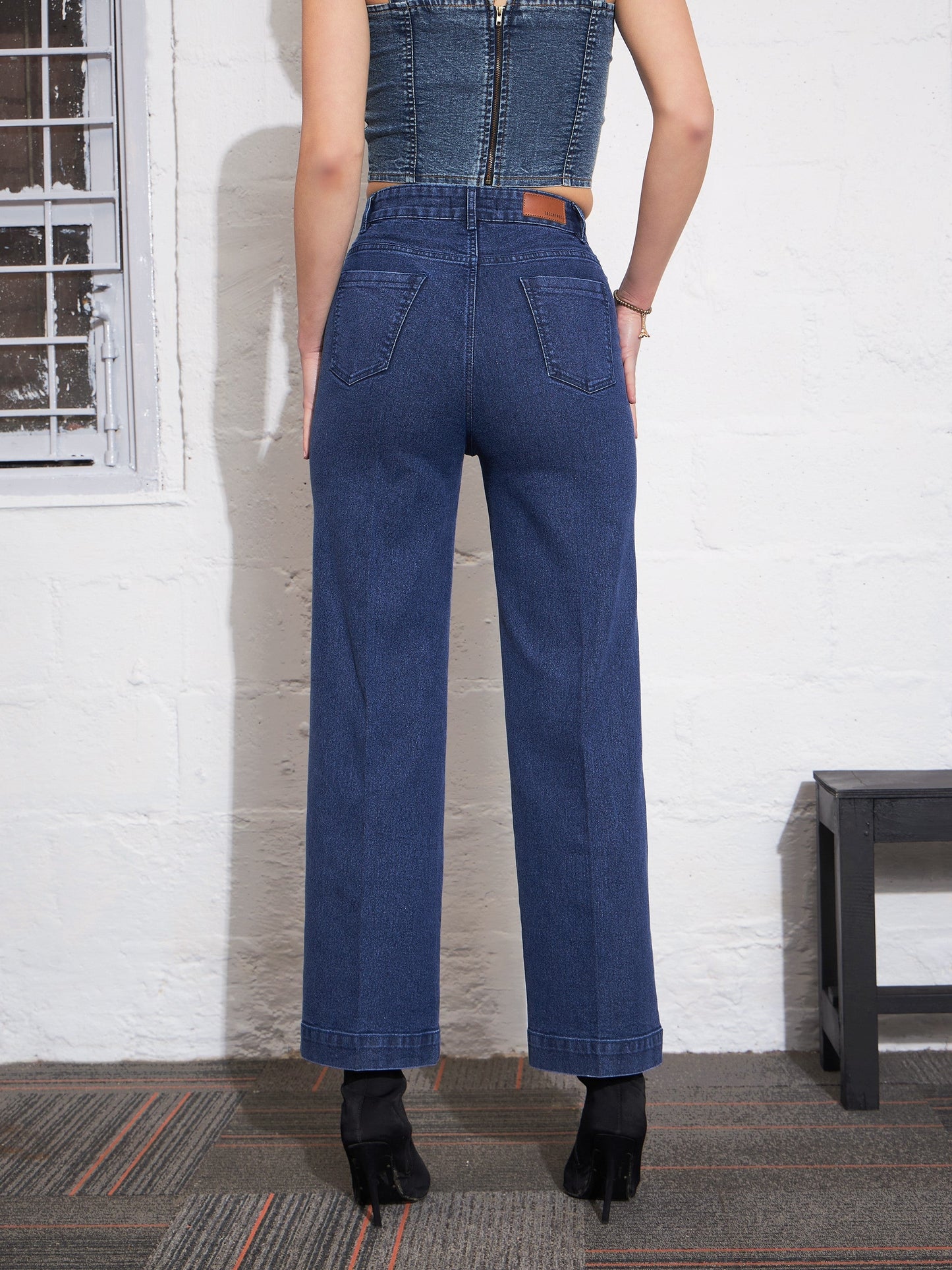 Blue Washed Contrast Patch Pocket Straight Jeans