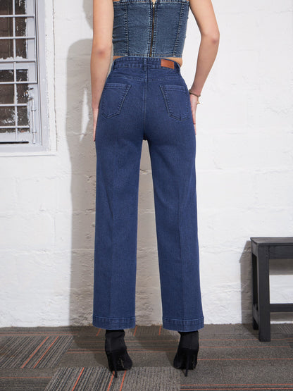 Blue Washed Contrast Patch Pocket Straight Jeans