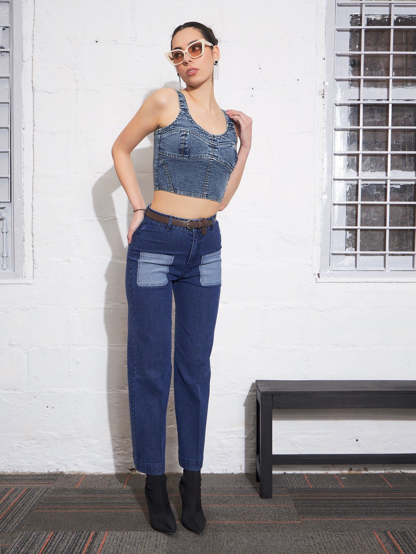 Blue Washed Contrast Patch Pocket Straight Jeans