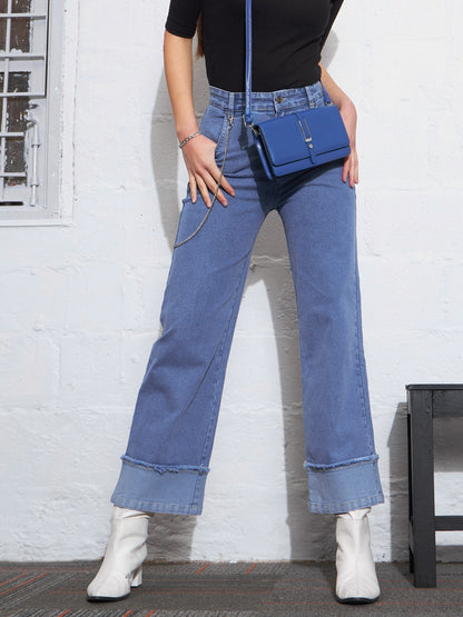Blue Color Block Chain Detail Streetstyle Jeans