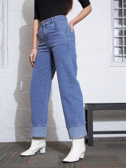 Blue Color Block Chain Detail Streetstyle Jeans
