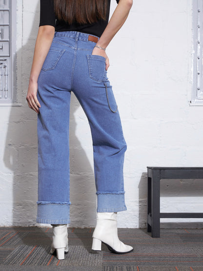 Blue Color Block Chain Detail Streetstyle Jeans