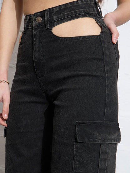 Black Washed Waist Cut Out Cargo Jeans