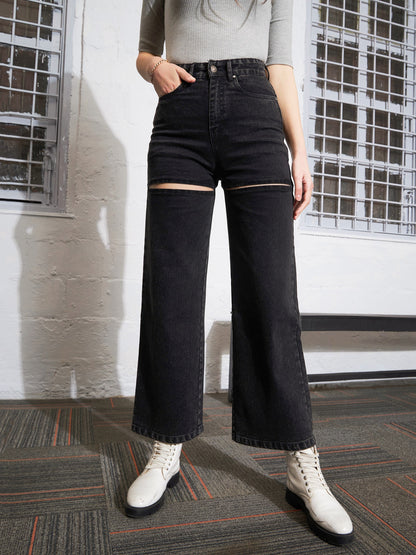 Black Washed Thigh Cut Out Straight Jeans