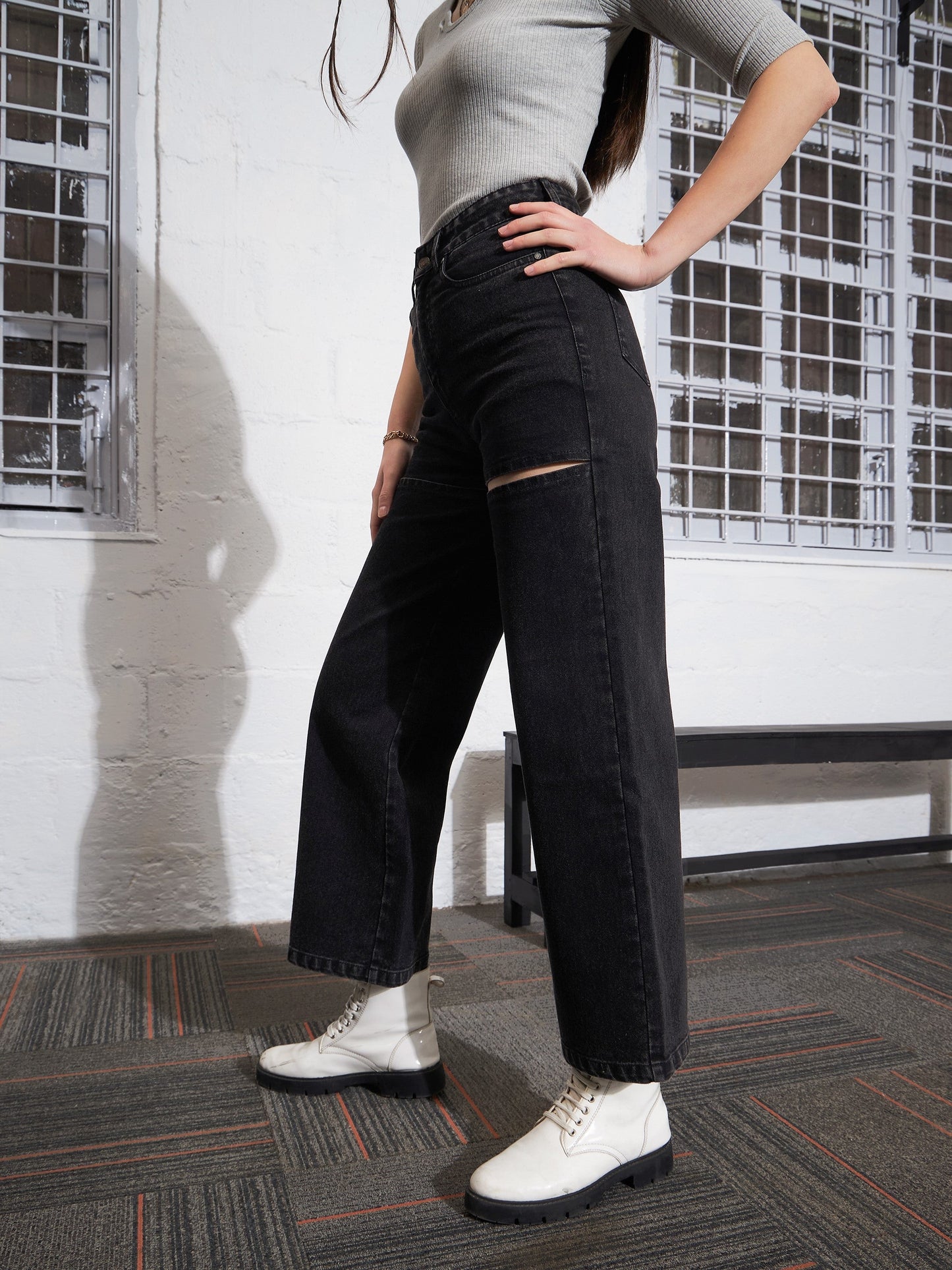 Black Washed Thigh Cut Out Straight Jeans