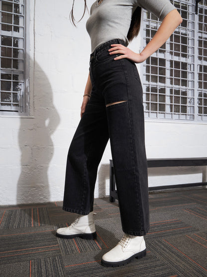Black Washed Thigh Cut Out Straight Jeans
