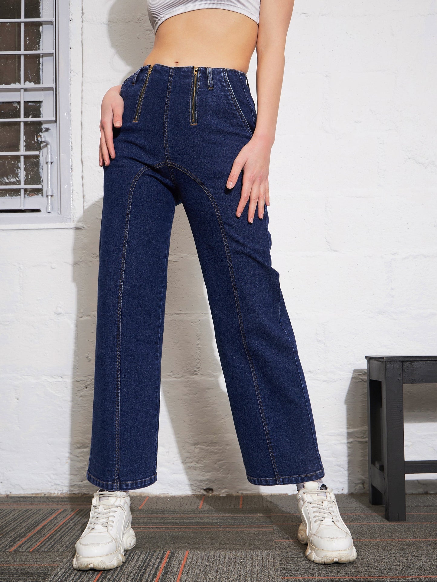 Blue Blast Zipper Detail Straight Jeans
