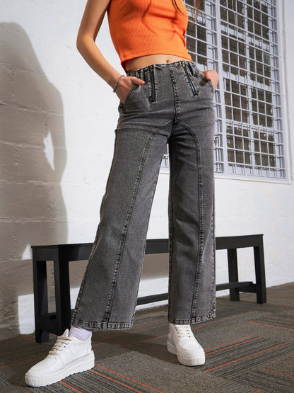 Grey Washed Zipper Detail Straight Jeans