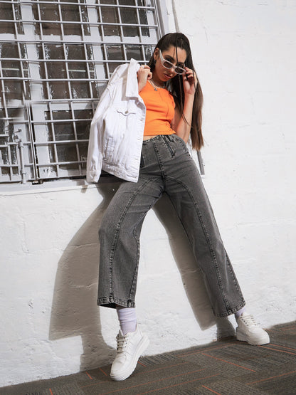 Grey Washed Zipper Detail Straight Jeans