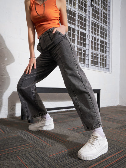 Grey Washed Zipper Detail Straight Jeans