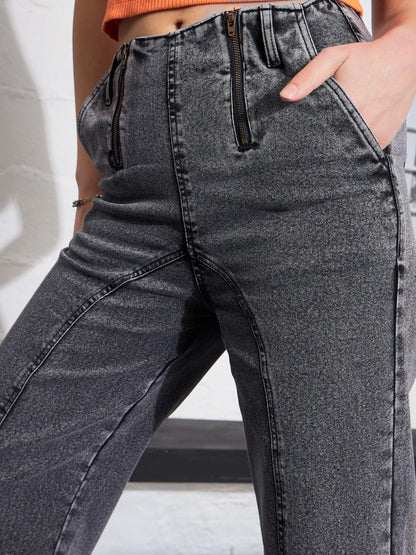 Grey Washed Zipper Detail Straight Jeans