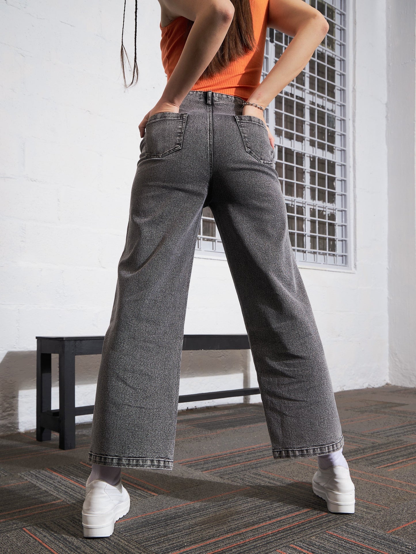 Grey Washed Zipper Detail Straight Jeans