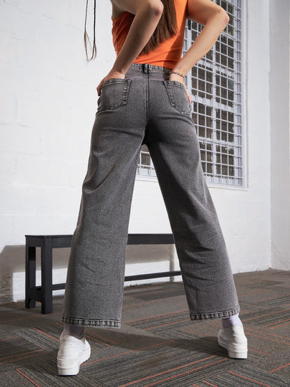 Grey Washed Zipper Detail Straight Jeans
