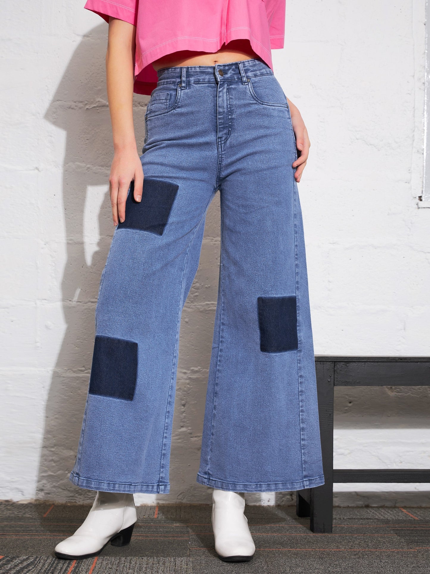 Light Blue Contrast Patch Wide Leg Jeans